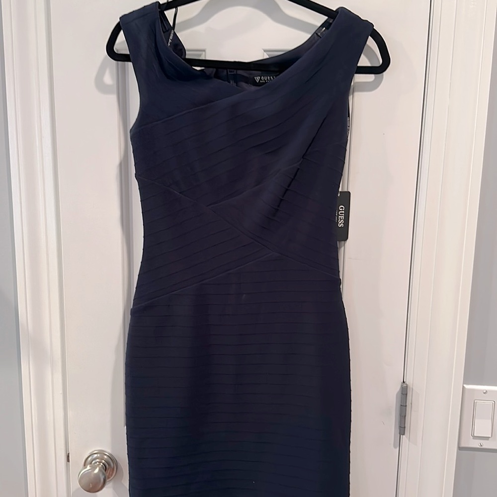 GUESS Blue ribbed off shoulder bodycon midi dress